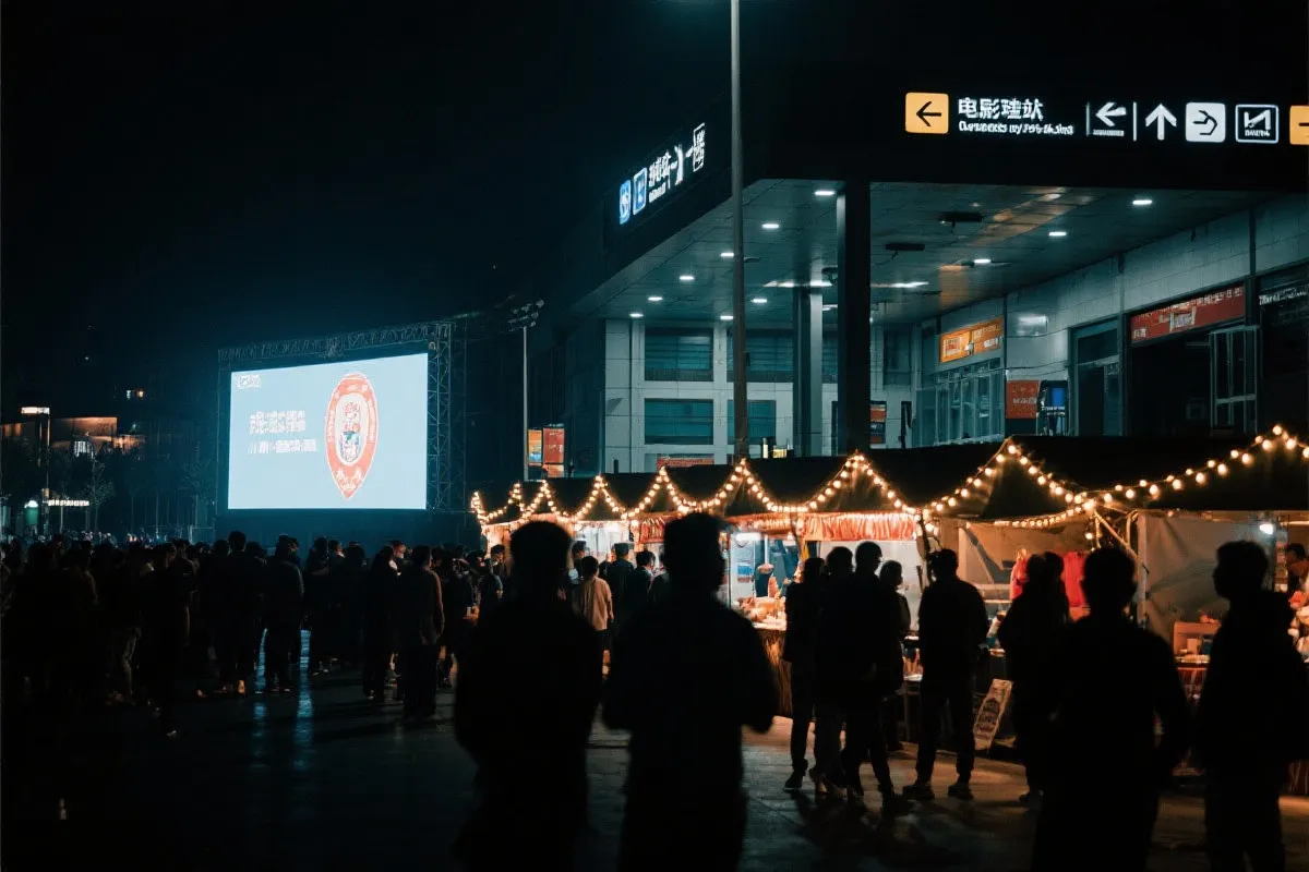 费城球迷广场夜景：大屏观赛人群、步行指示牌与公共交通入口